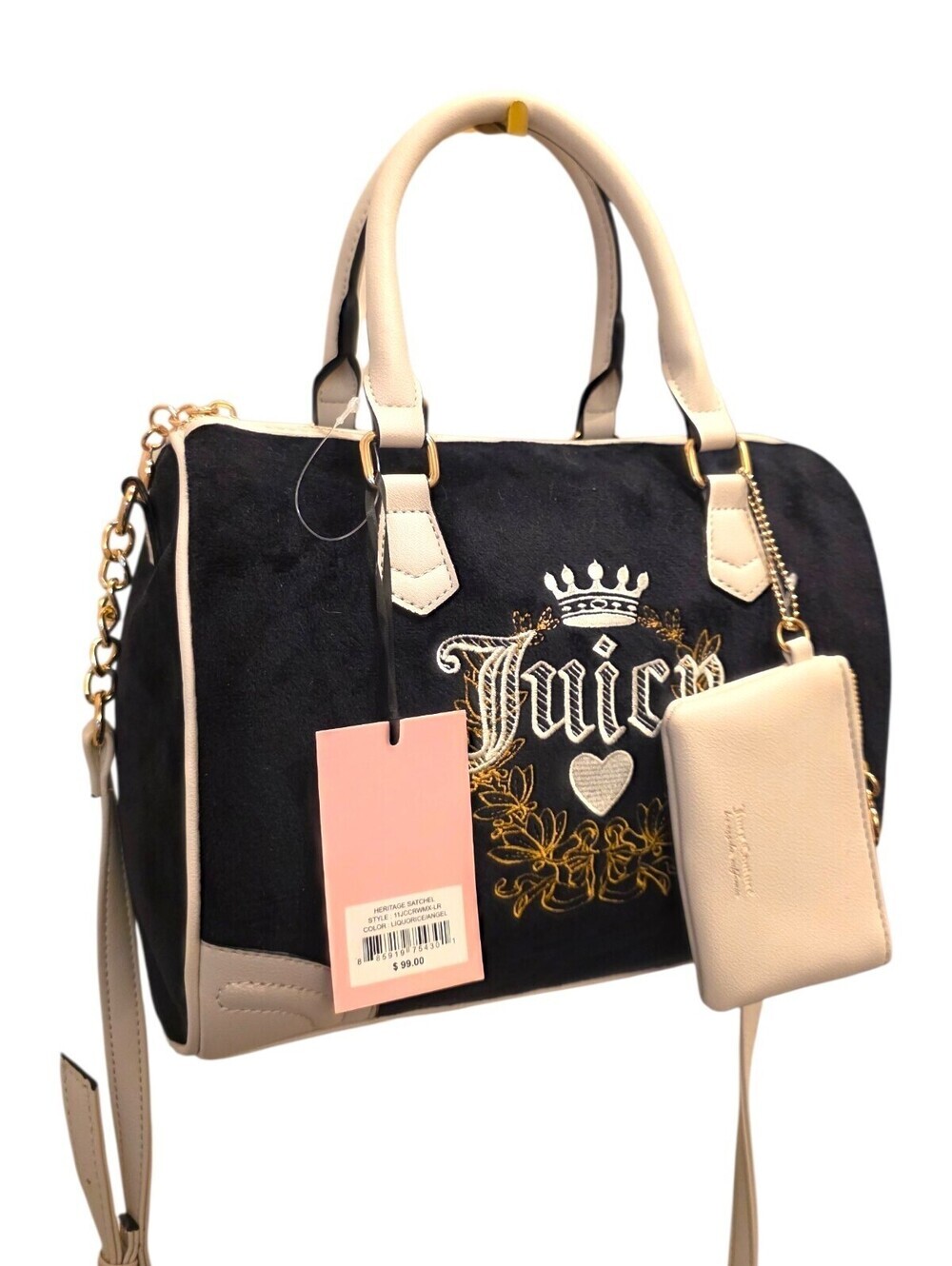 NWT Juicy Couture Heritage Satchel Crossbody Bag Wallet Black Cream Velour Y2K